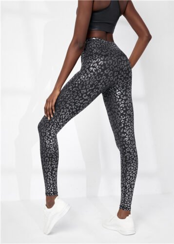 Ready to Ship Women's High Waisted Black Silver Leopard Printing Yoga Leggings with Side Pockets