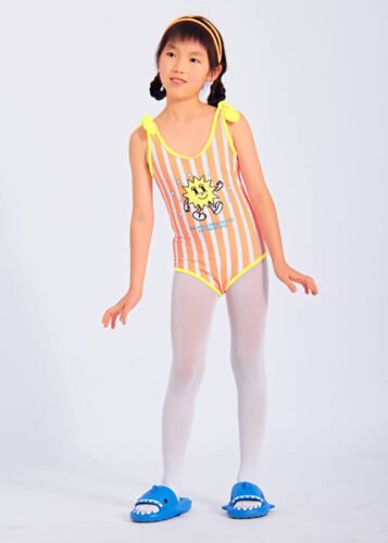 Customized Sublimated Orange and White Stripes Girls One Piece Swimsuit